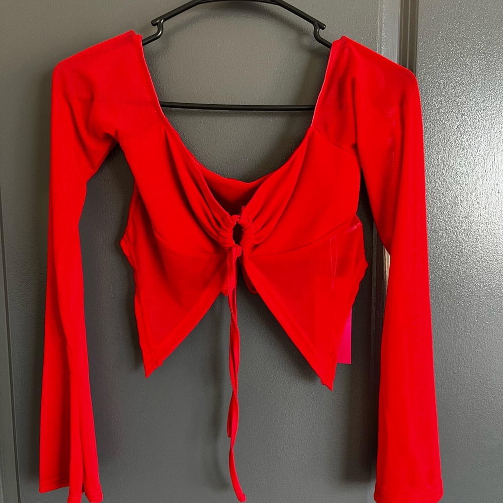 SHEIN Red Long Sleeve Asymmetrical Tie Front Blouse